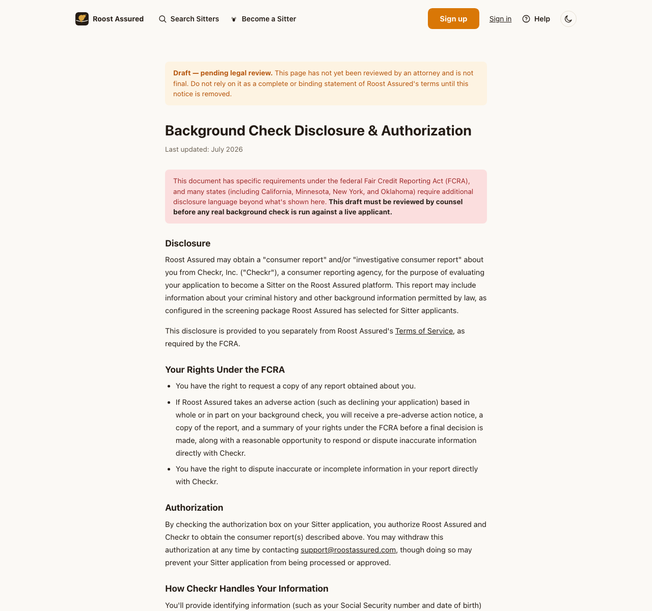 The Background Check Disclosure legal page, explaining what is screened, who performs it, and the applicant's rights.