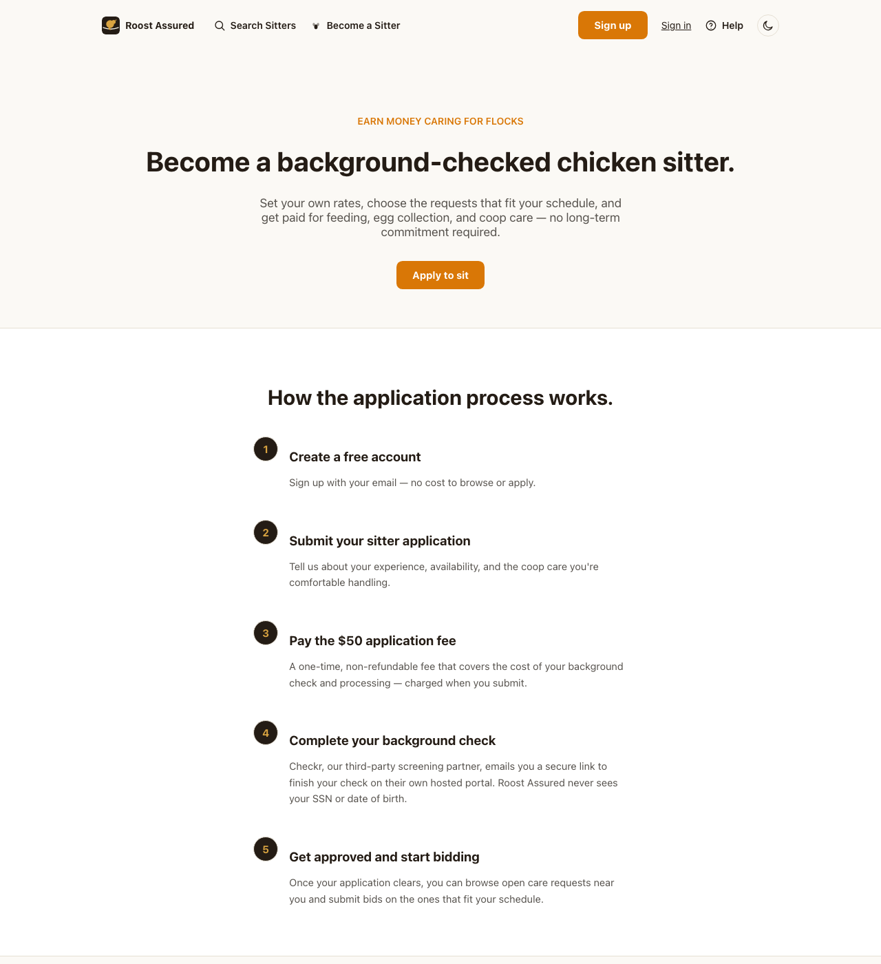 The Become a Sitter page, showing the five-step application process: create an account, submit the application, pay the $50 fee, complete the Checkr background check on their hosted portal, then get approved and start bidding.