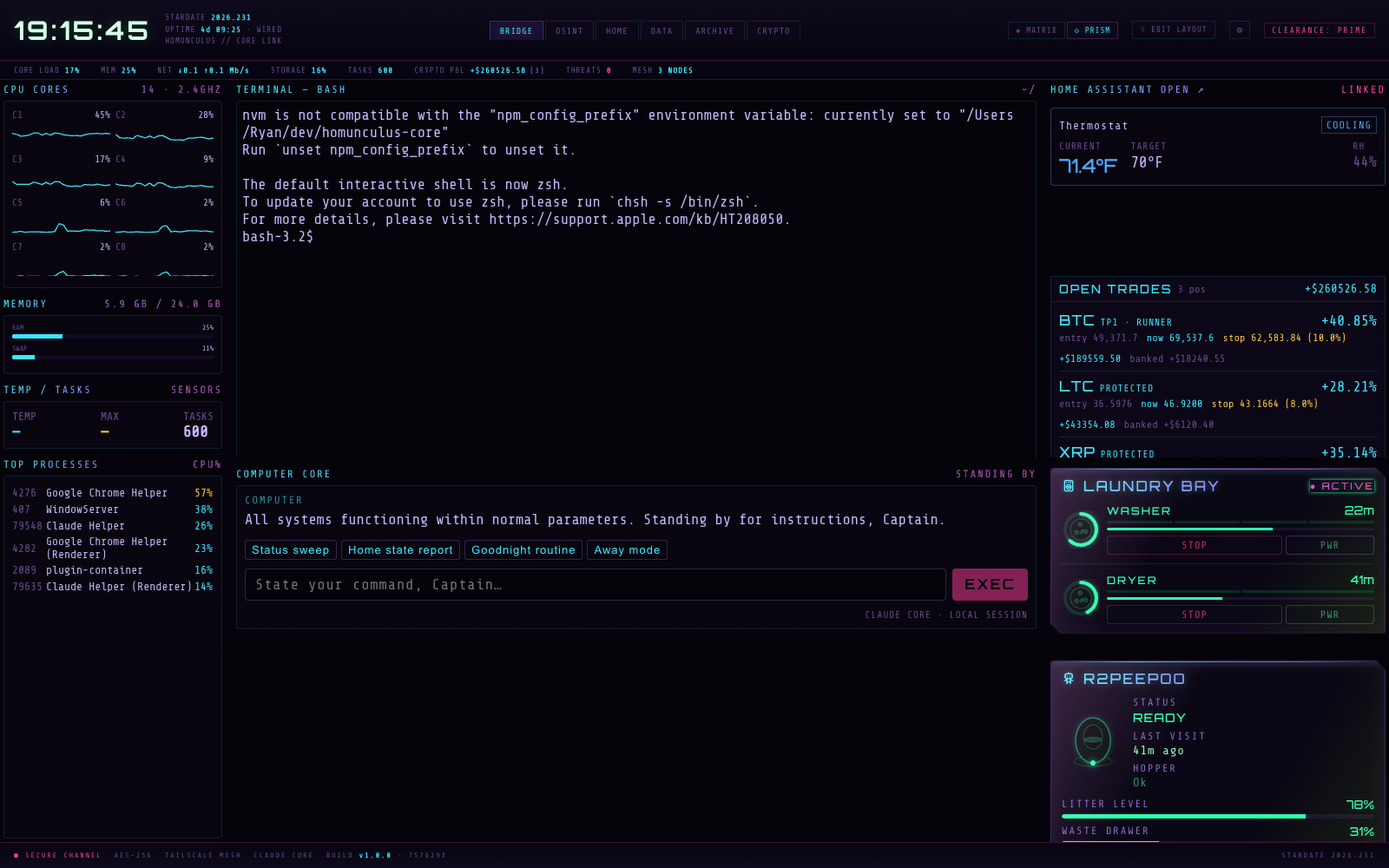 Screenshot of the Homunculus Core BRIDGE · live capture screen