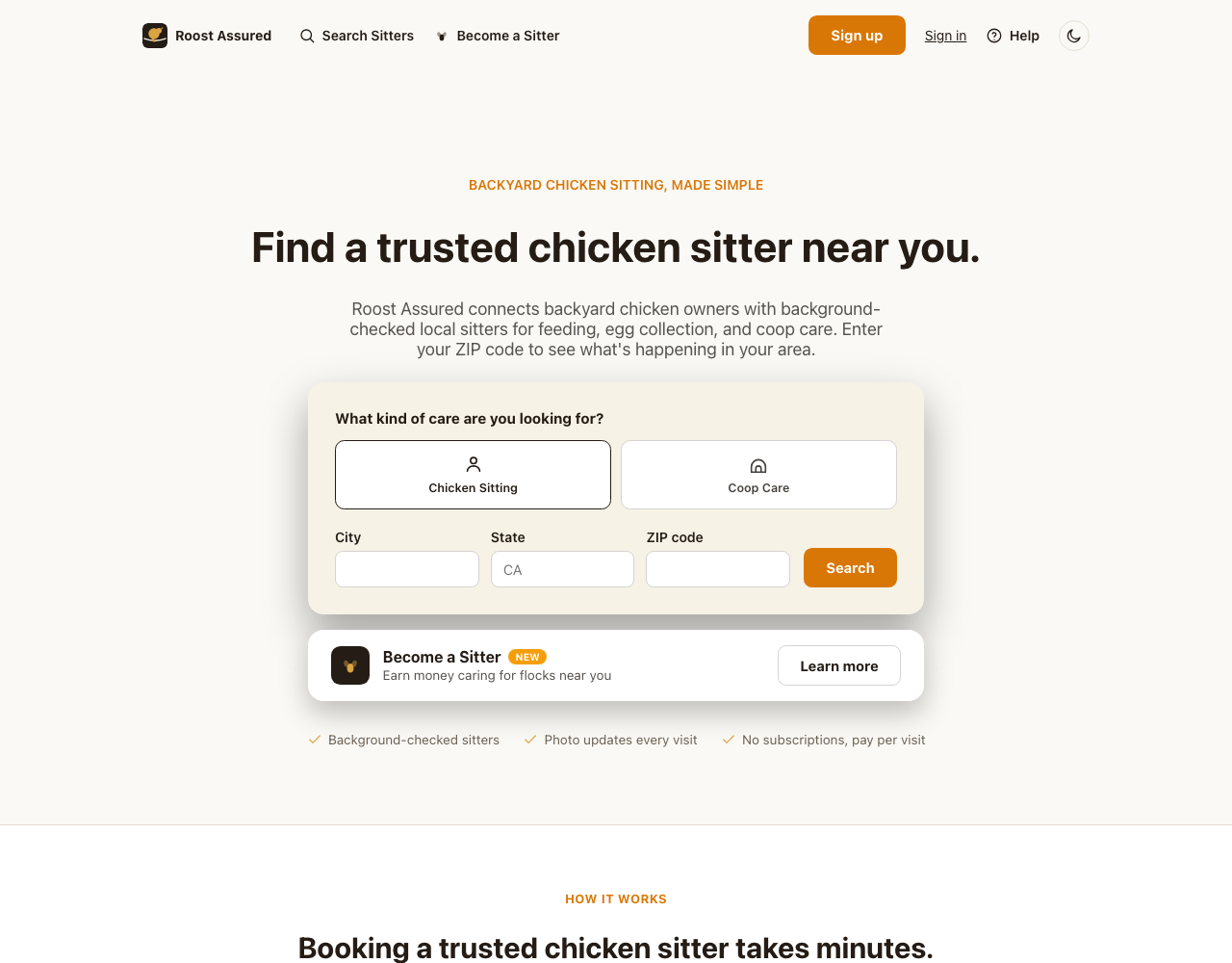 The Roost Assured landing page: a ZIP-code search for chicken sitting or coop care, with a background-check promise and a sitter recruitment banner.