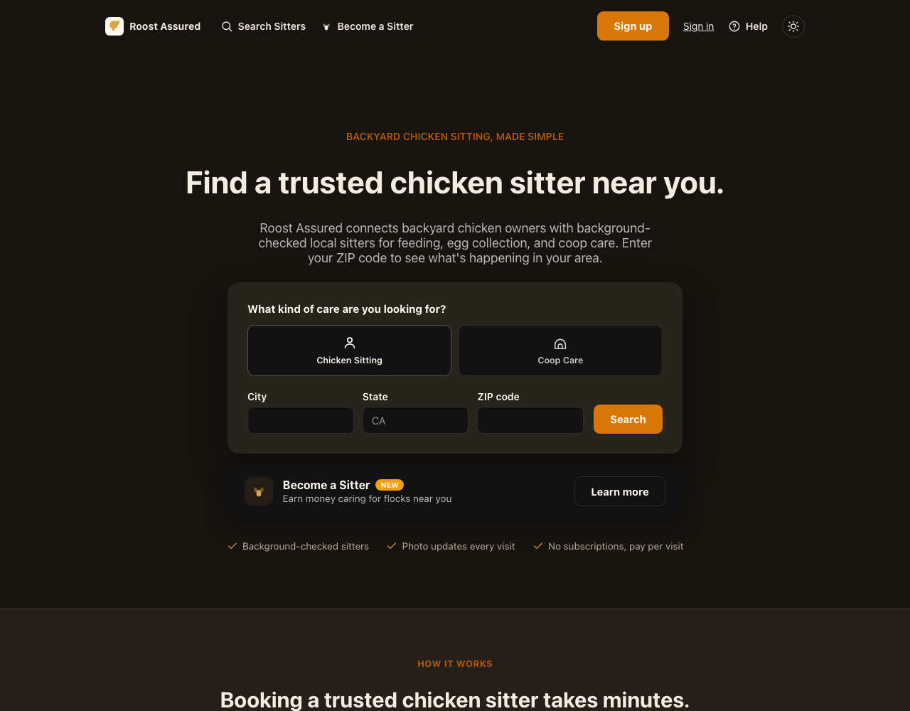 The same landing page rendered in dark mode, warm amber on charcoal.